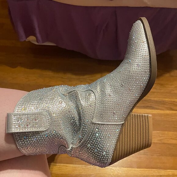 Women's Rhinestone Block Heel Mid Calf Short Boots - Picture 2 of 9